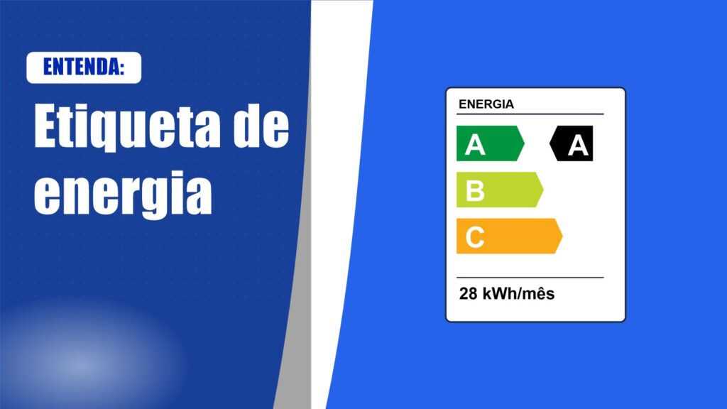 Ilustração da etiqueta de eficiência energética de geladeira com classes A, B e C e consumo em kWh/mês
